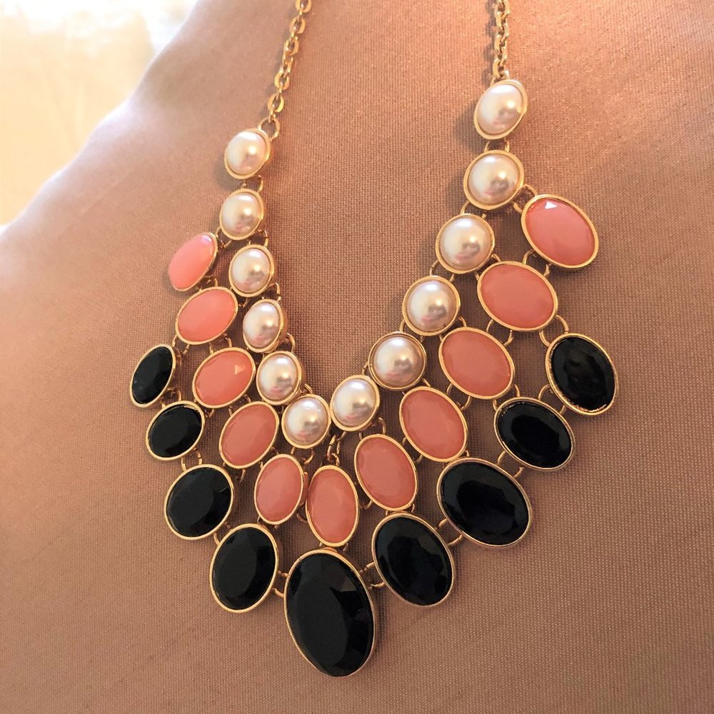 Bib Necklace w/ Pink, Black and Faux Pearls